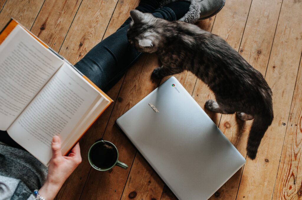 woman sitting on floor with cat